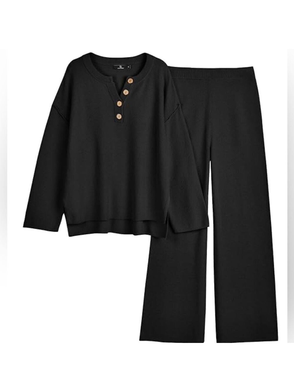 NWT Caracilia 2pc Waffle Knit Set Henley Tunic Top Wide Leg Pants SZ L Black - Picture 2 of 10